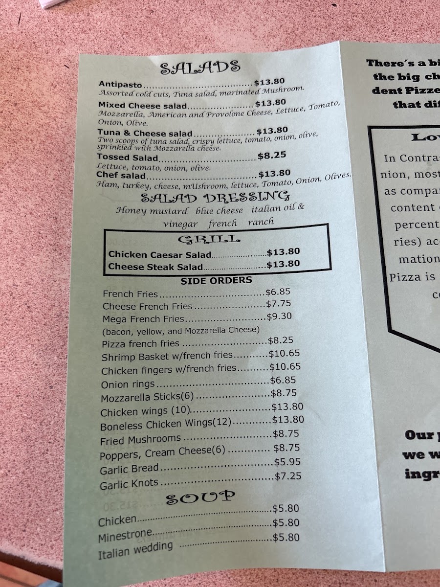 Alex Pizza and Subs menu board