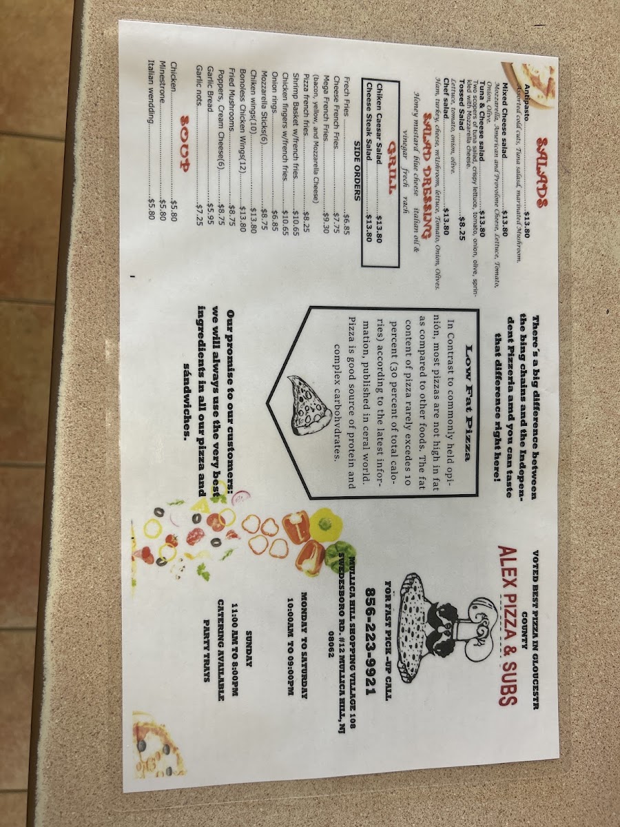 Alex Pizza and Subs menu board