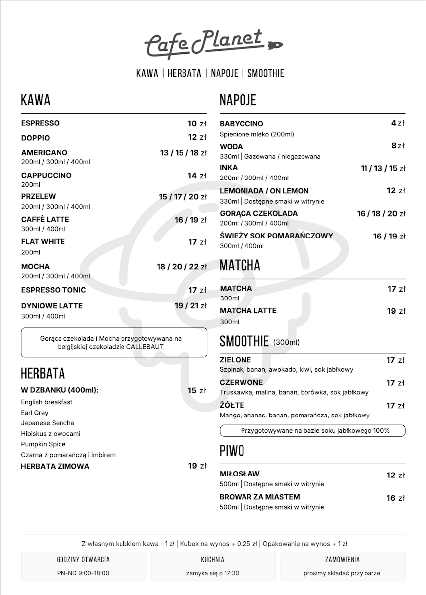 Cafe Planet menu board