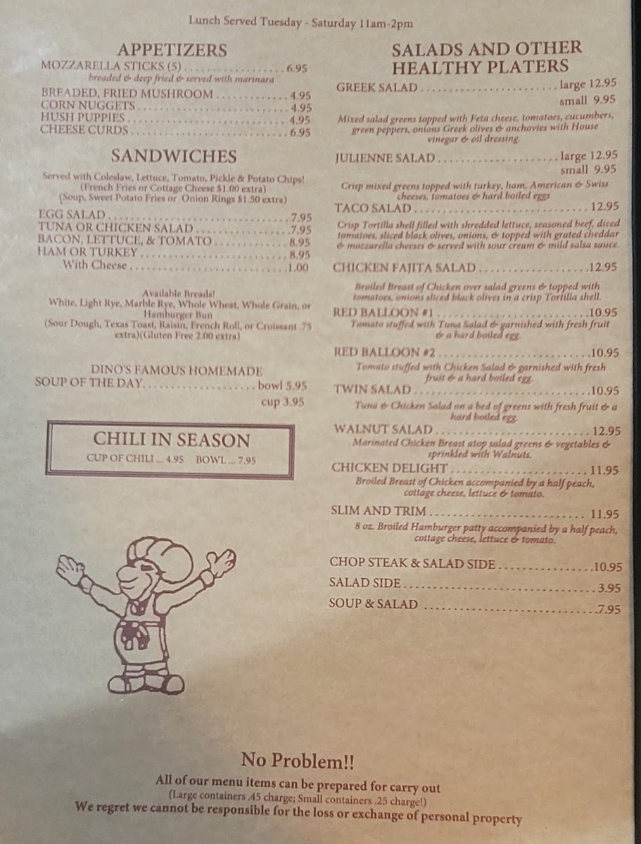 Dino's Restaurant menu board