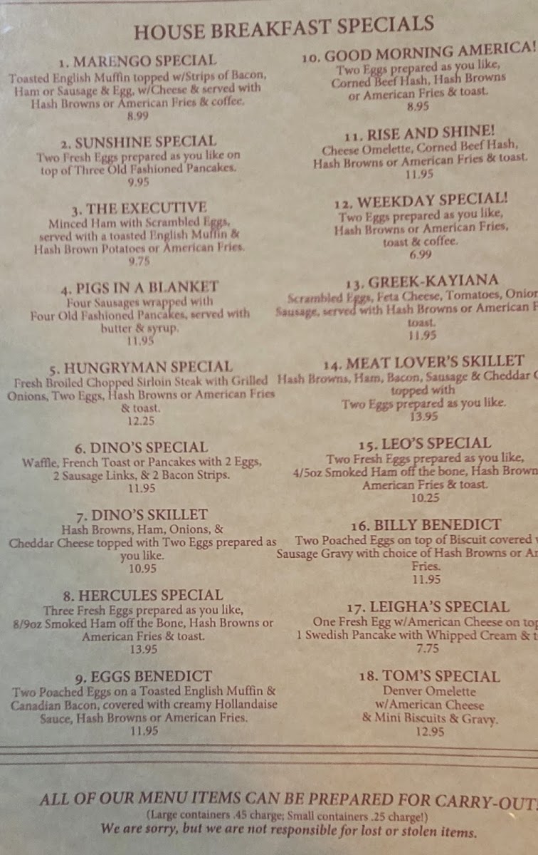 Dino's Restaurant menu board