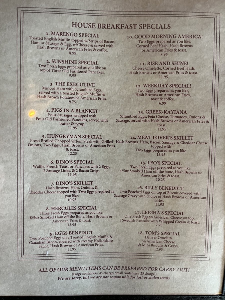 Dino's Restaurant menu board
