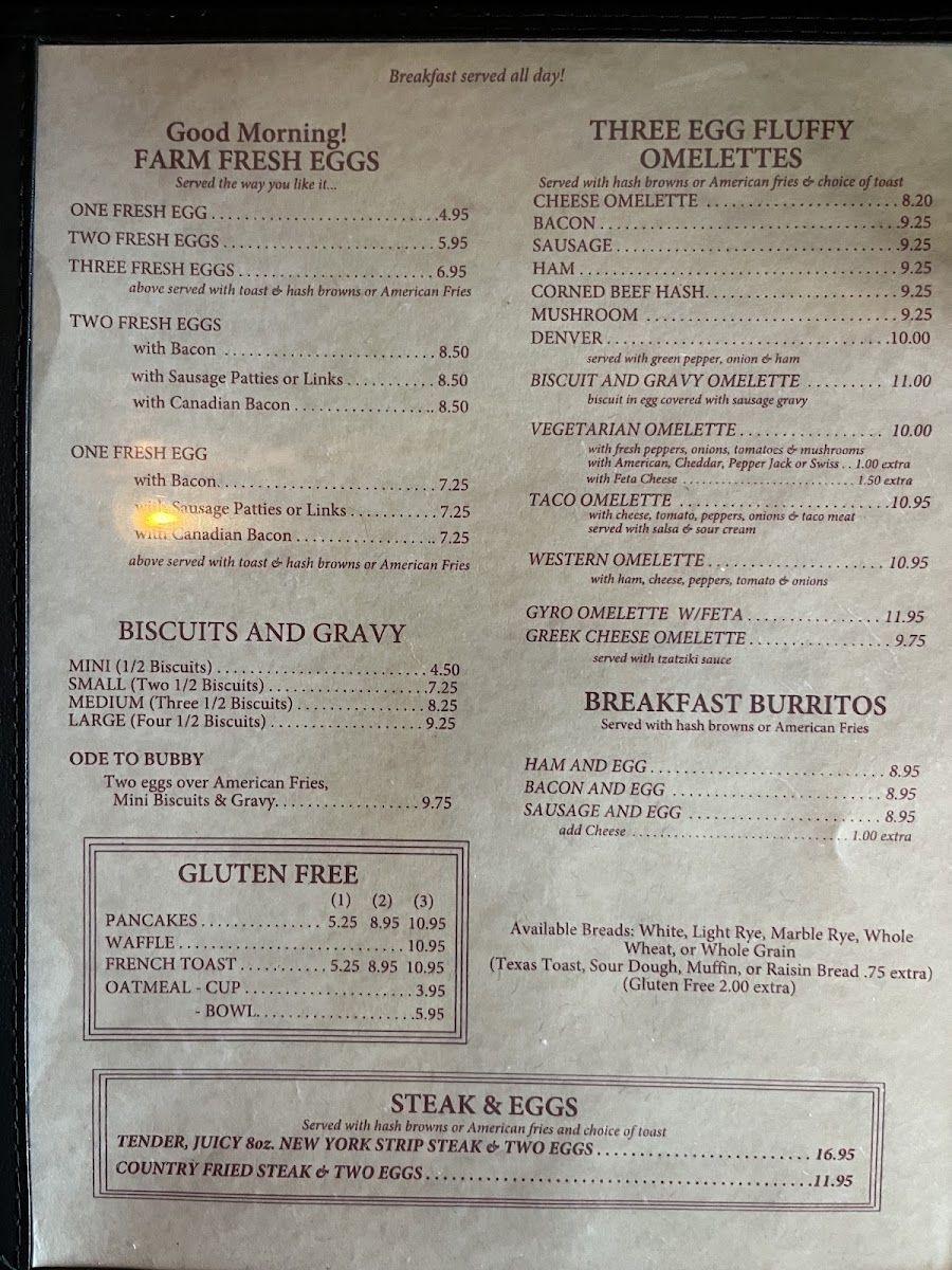 Dino's Restaurant menu board