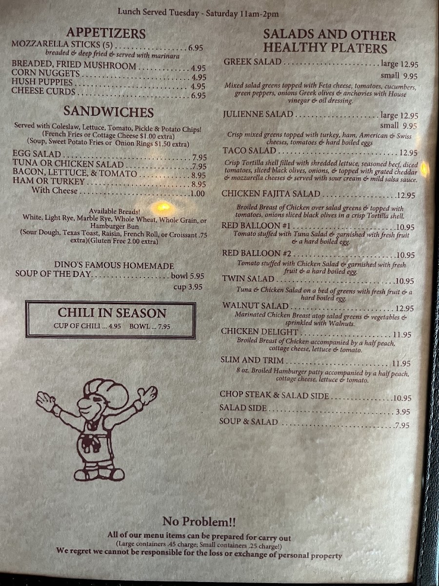 Dino's Restaurant menu board