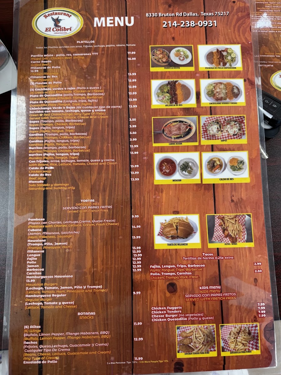 Restaurant El Colibri menu board
