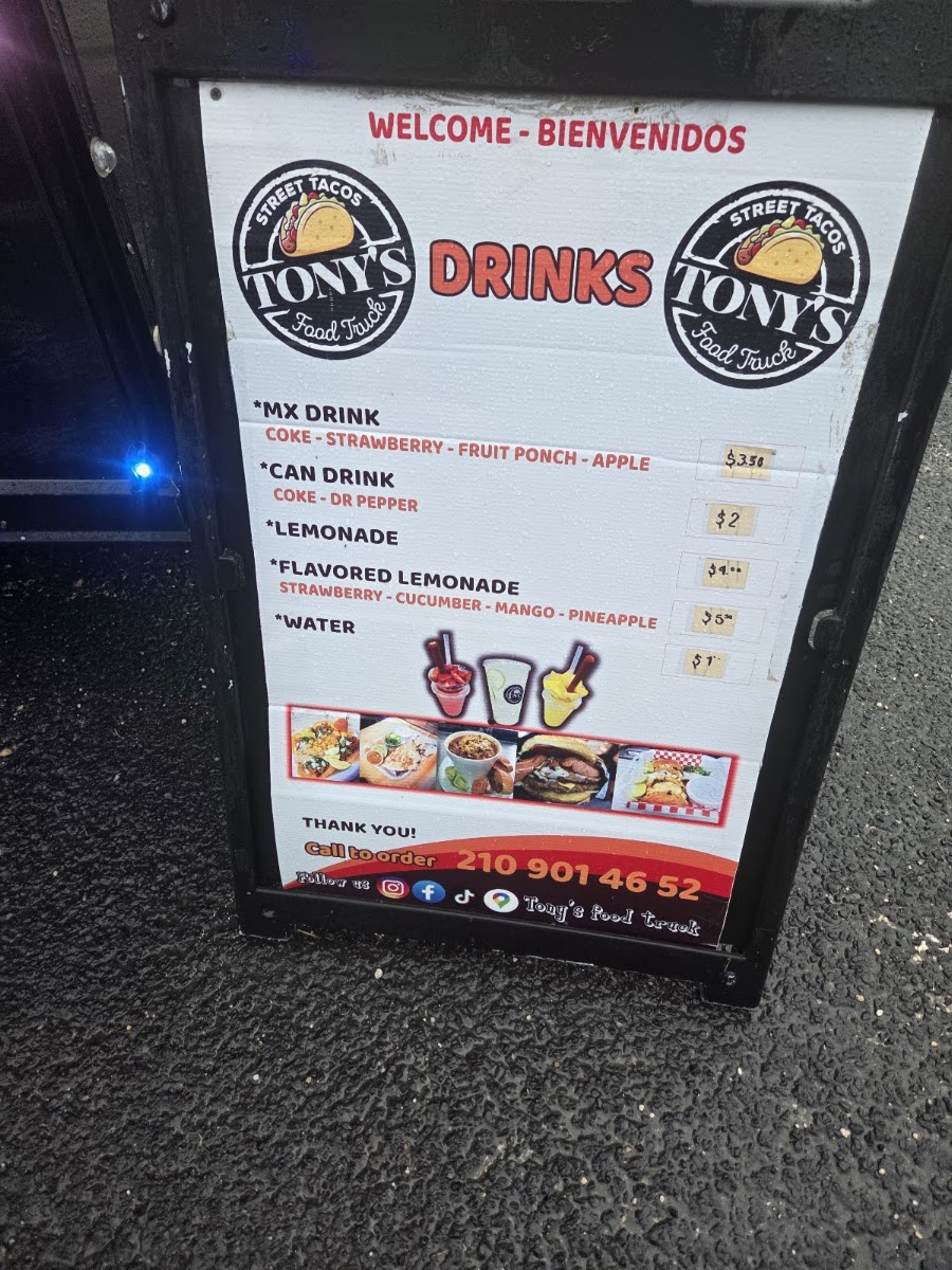 Tony's Food Truck menu board