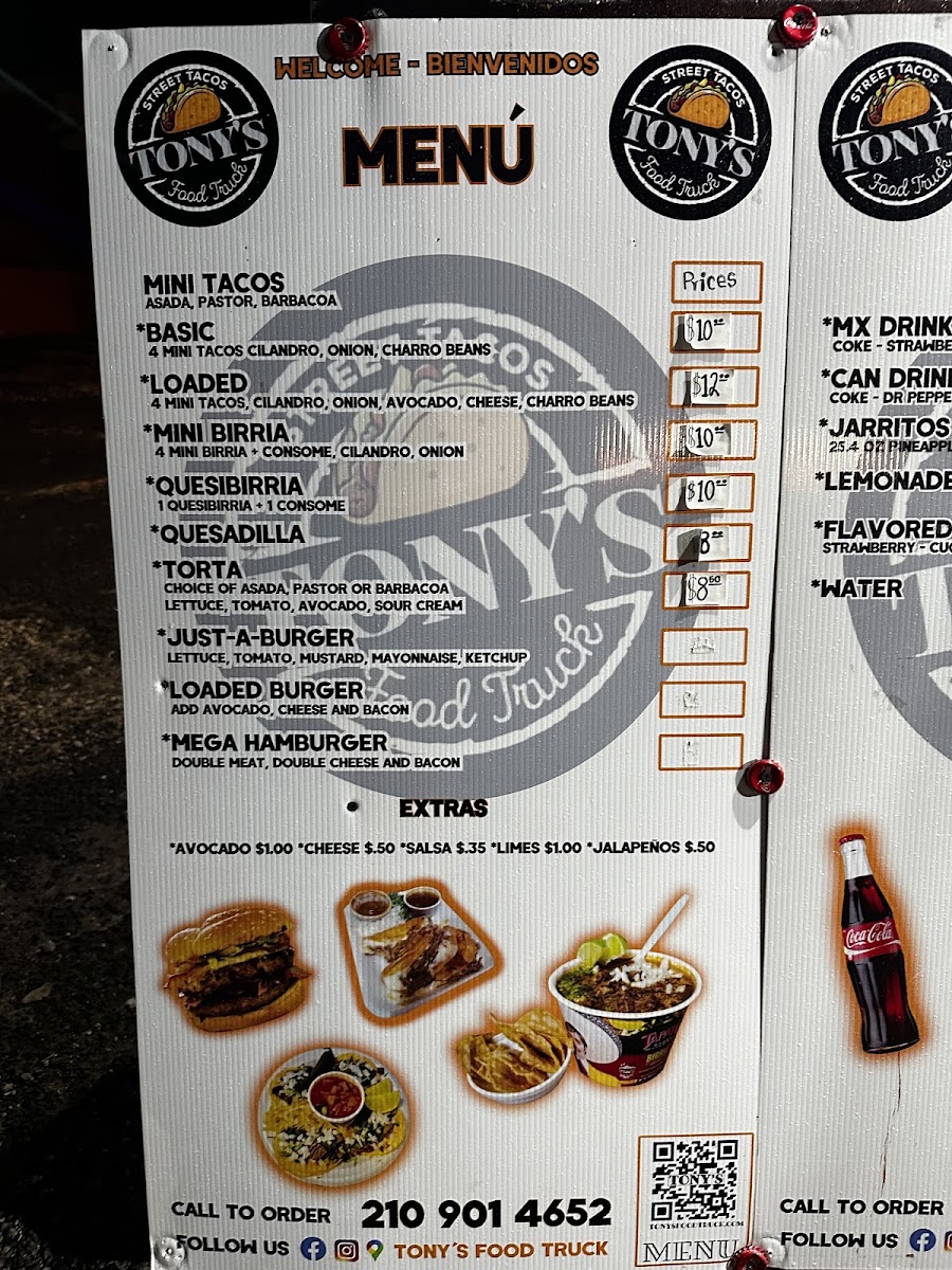 Tony's Food Truck menu board