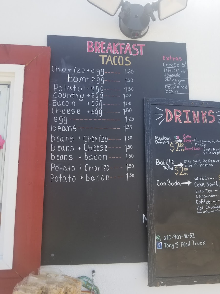 Tony's Food Truck menu board