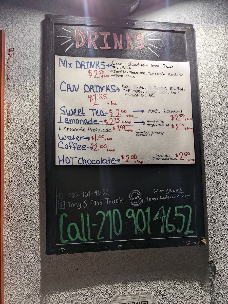 Tony's Food Truck menu board