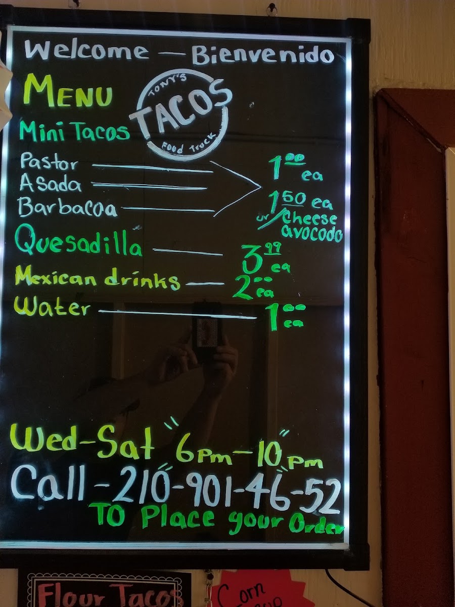 Tony's Food Truck menu board
