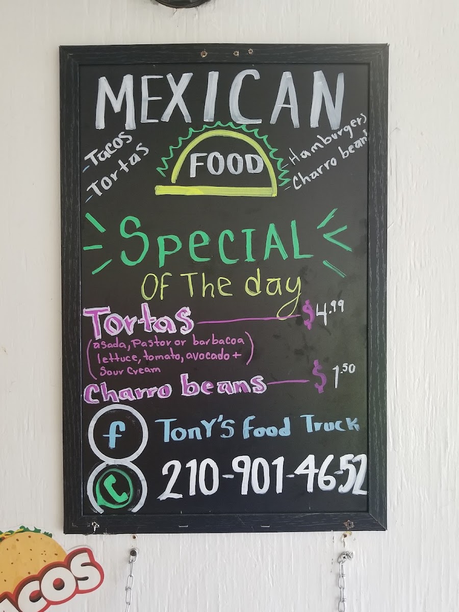 Tony's Food Truck menu board
