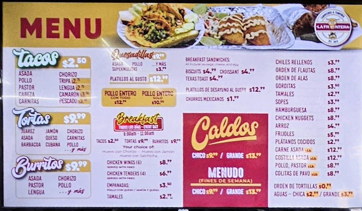 Carniceria y Taqueria LA FRONTERA menu board