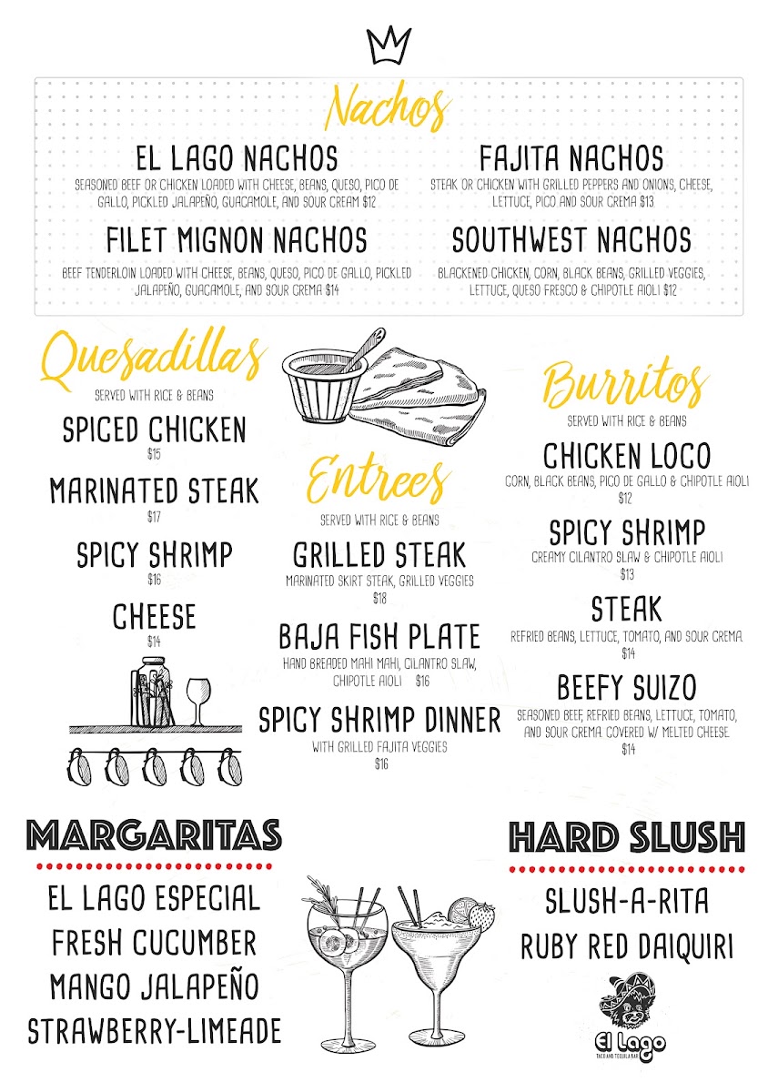 El Lago Taco & Tequila Bar menu board