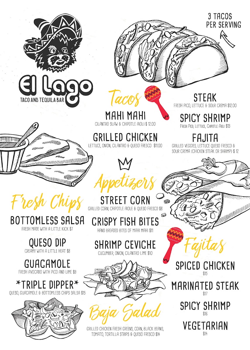 El Lago Taco & Tequila Bar menu board