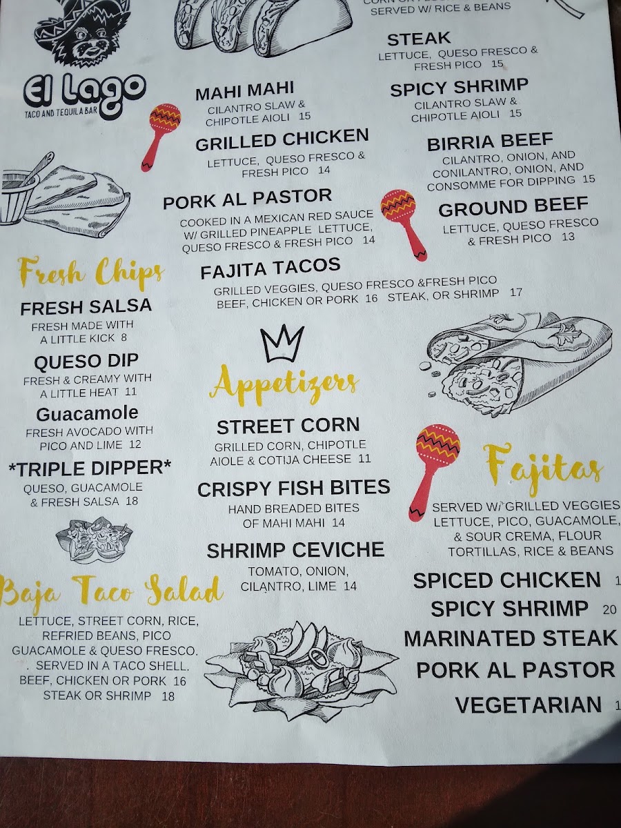 El Lago Taco & Tequila Bar menu board