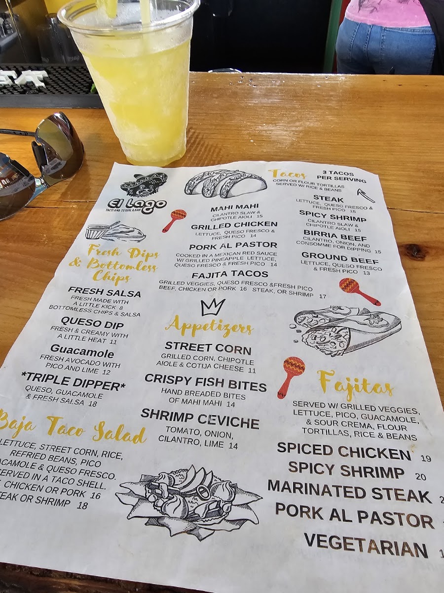 El Lago Taco & Tequila Bar menu board