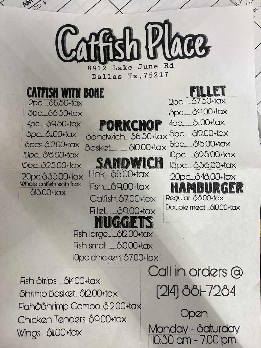 Catfish place menu board