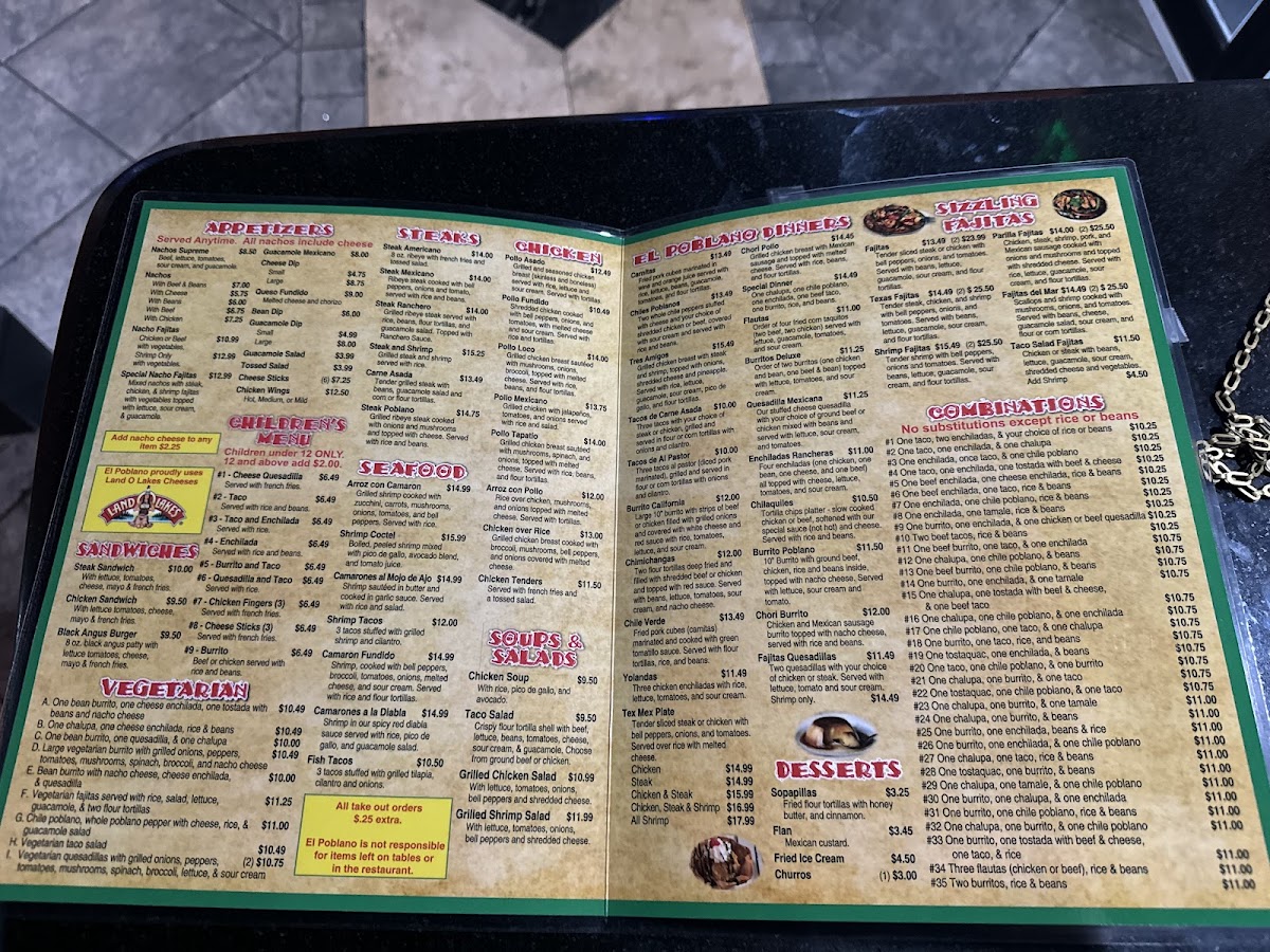 El Poblano Mexican Restaurant menu board