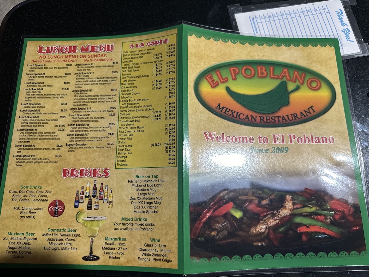 El Poblano Mexican Restaurant menu board