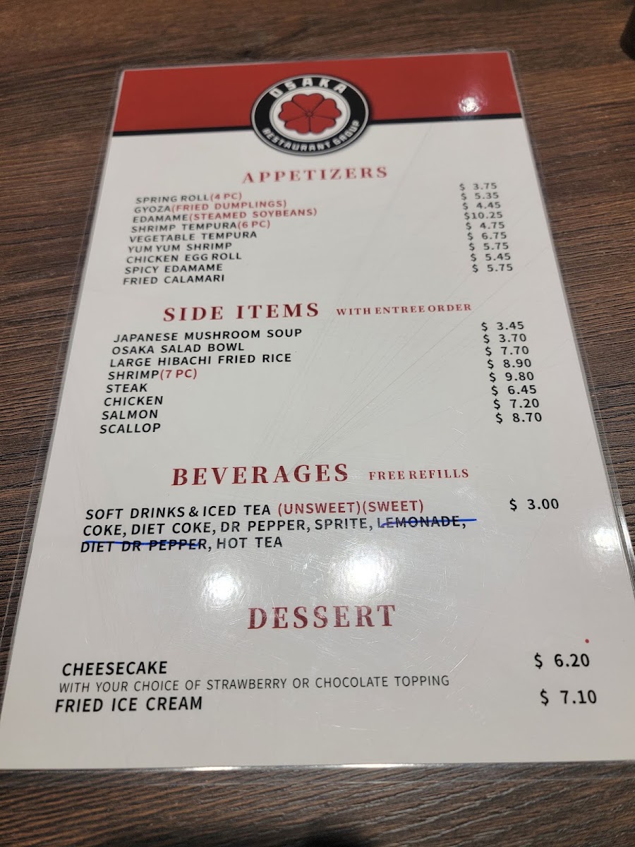 Osaka Hibachi menu board