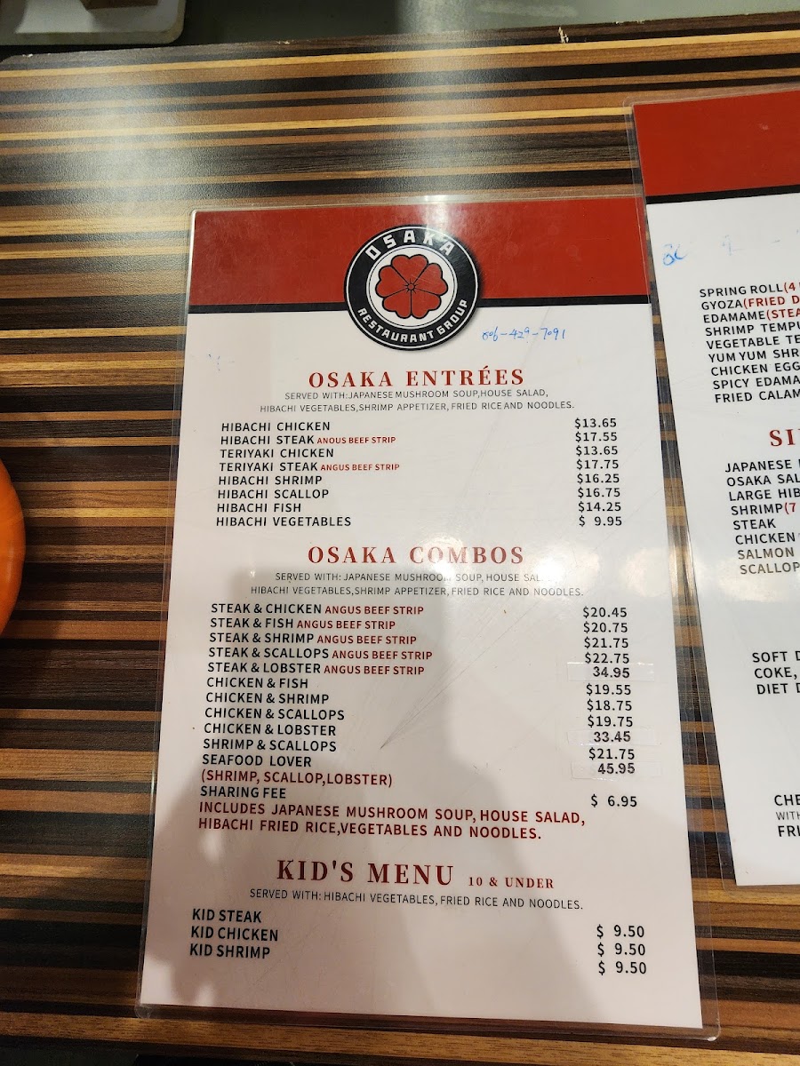 Osaka Hibachi menu board