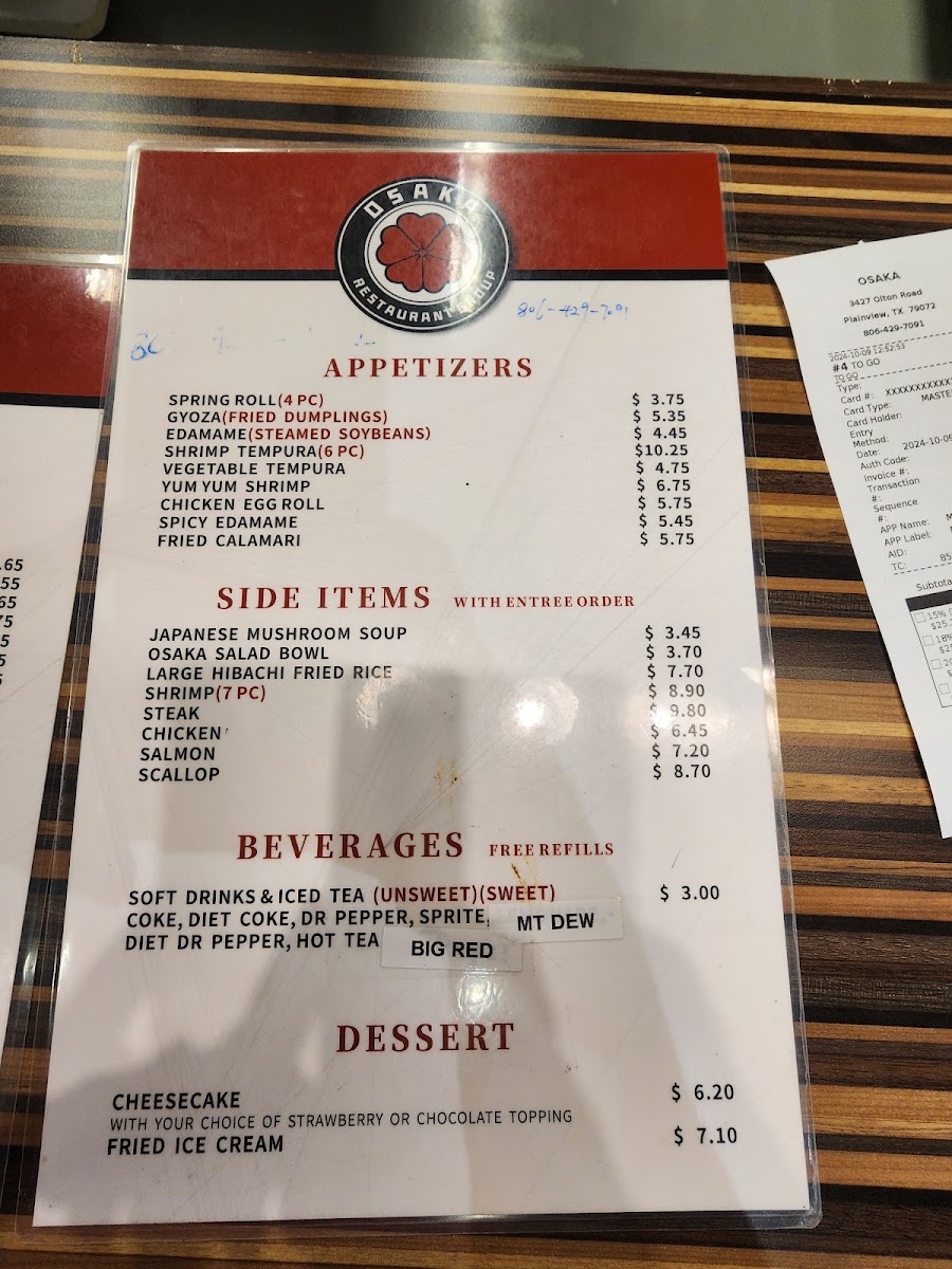 Osaka Hibachi menu board