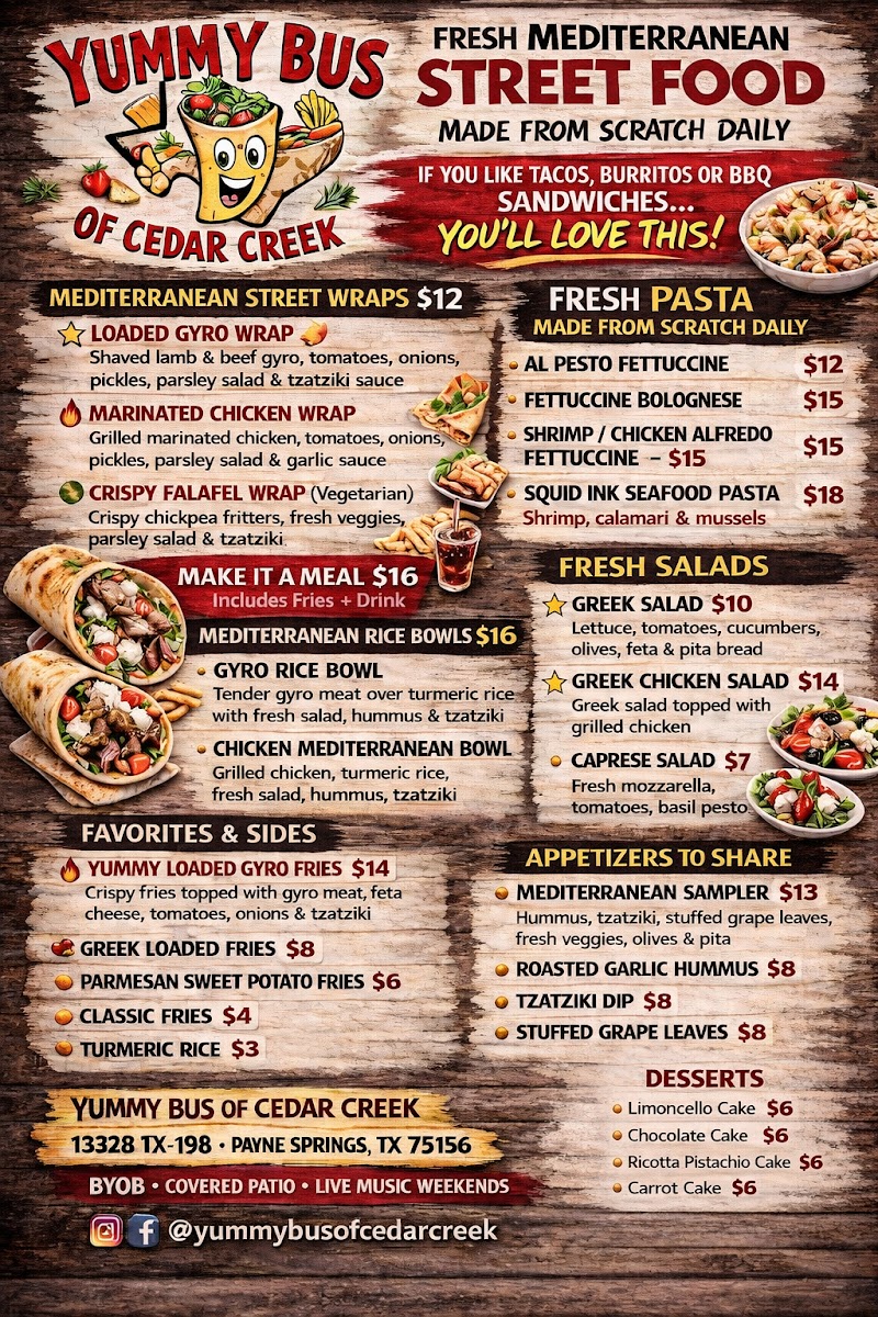 Yummy Bus of Cedar Creek menu board