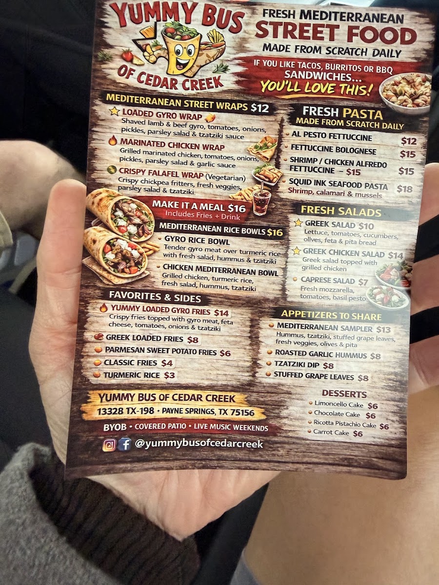 Yummy Bus of Cedar Creek menu board