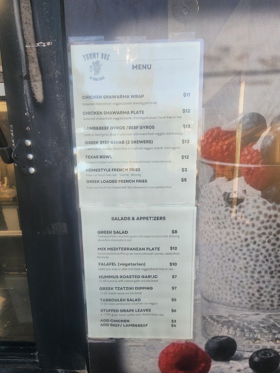 Yummy Bus of Cedar Creek menu board