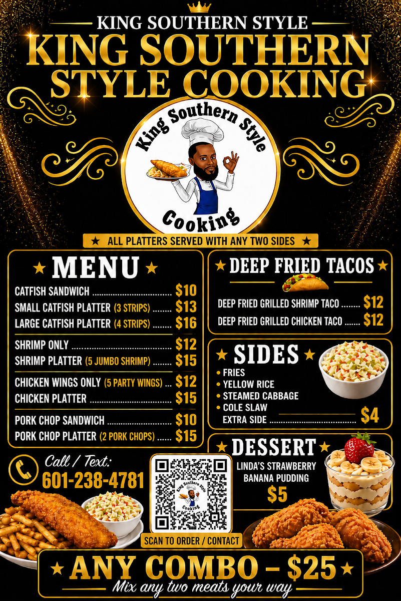 King Southern Style Cooking menu board
