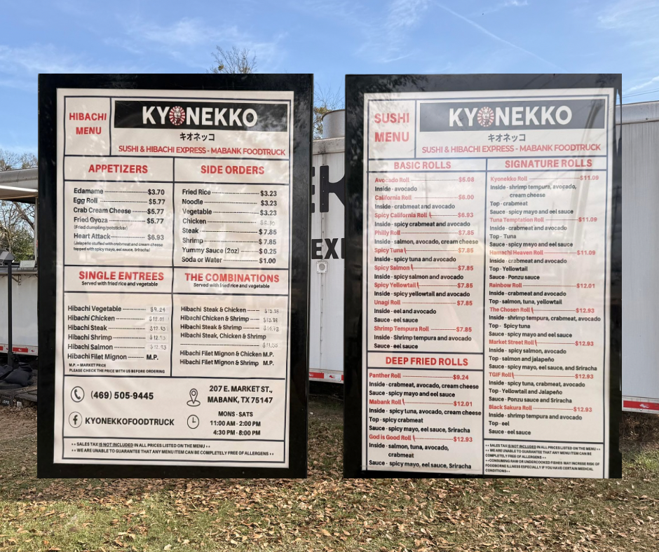Kyonekko Sushi and Hibachi Express Mabank Foodtruck menu board