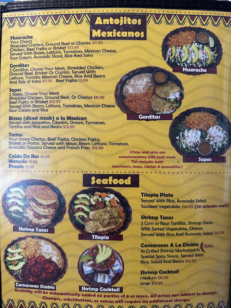 Mi Pueblito Mexican Tex Mex & Cantina Restaurant menu board