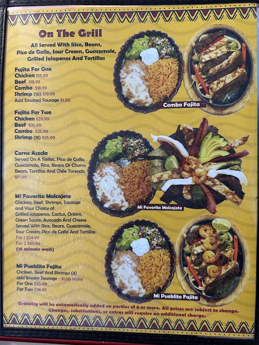 Mi Pueblito Mexican Tex Mex & Cantina Restaurant menu board
