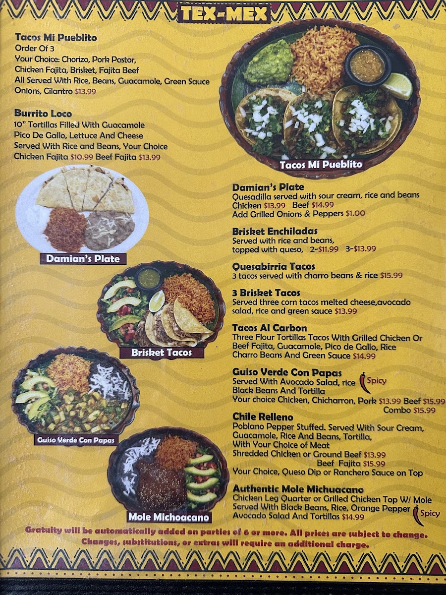 Mi Pueblito Mexican Tex Mex & Cantina Restaurant menu board