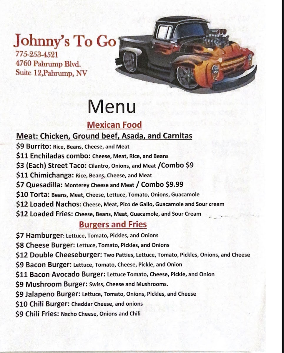 Johnny's To Go menu board