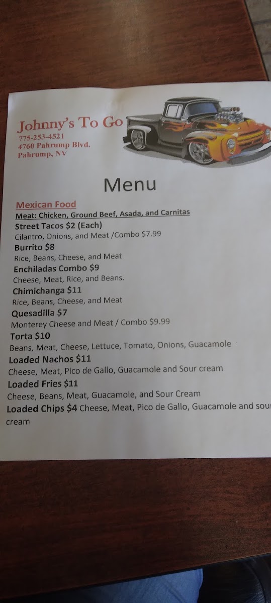 Johnny's To Go menu board