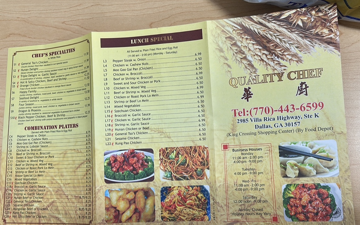 Quality Chef menu board