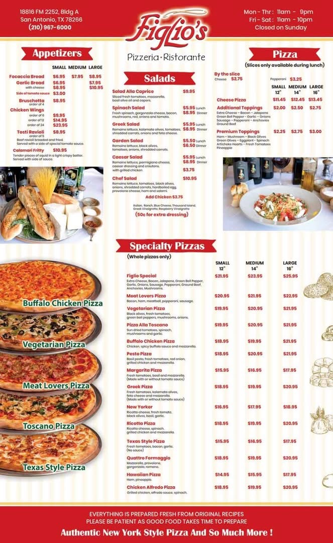 Figlio's Pizzeria menu board