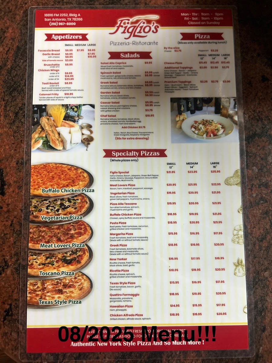 Figlio's Pizzeria menu board