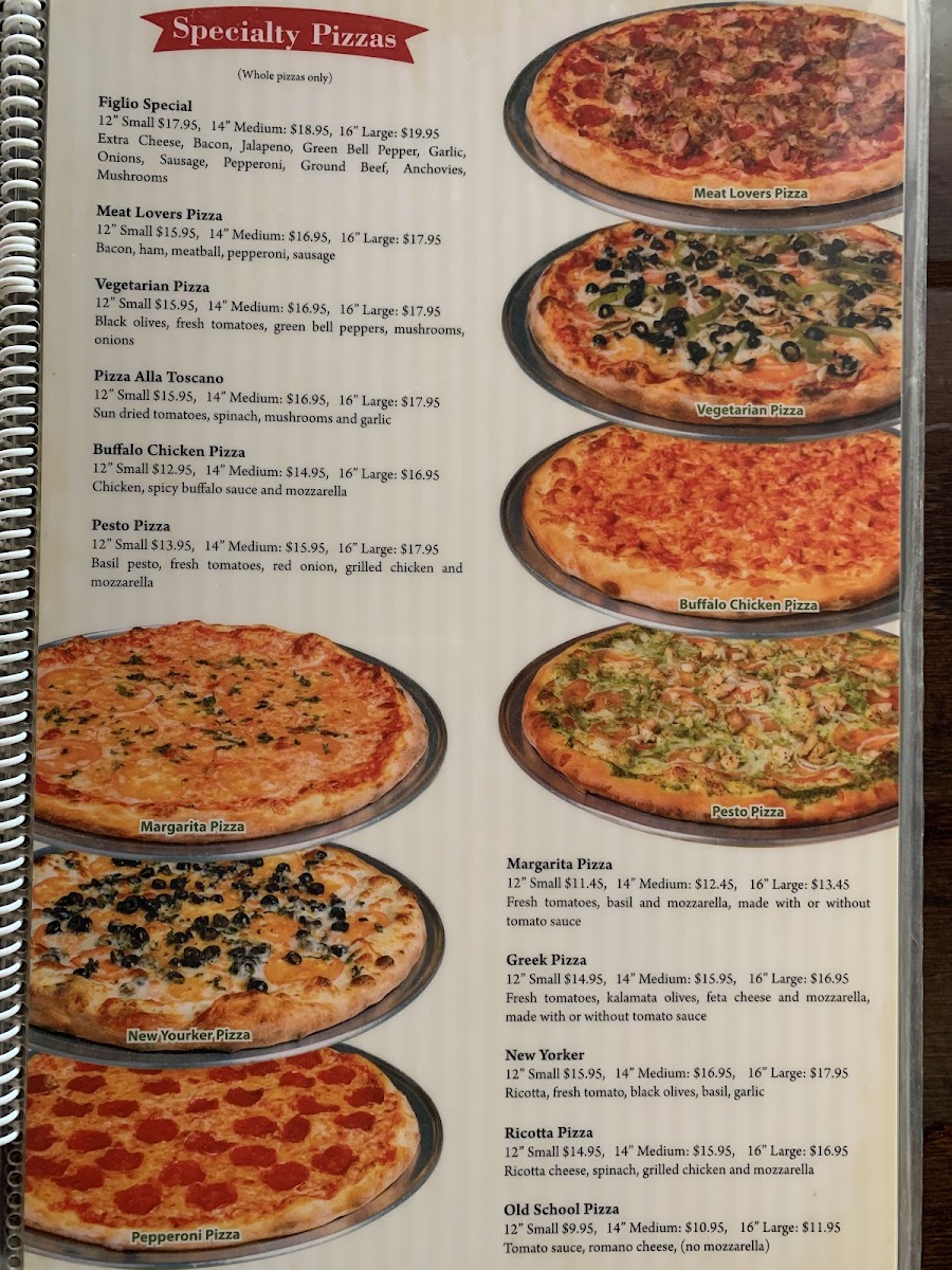 Figlio's Pizzeria menu board
