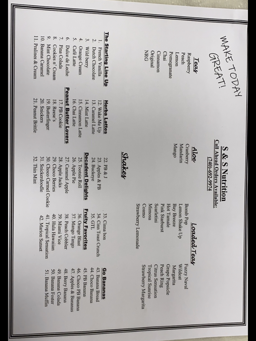 S&S Nutrition menu board