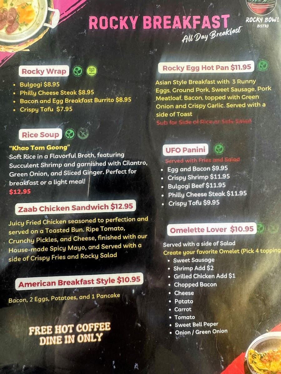 Rocky Bowl Bistro menu board