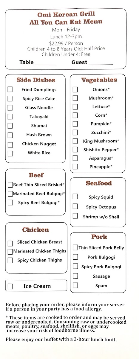 Omi Korean Grill menu board