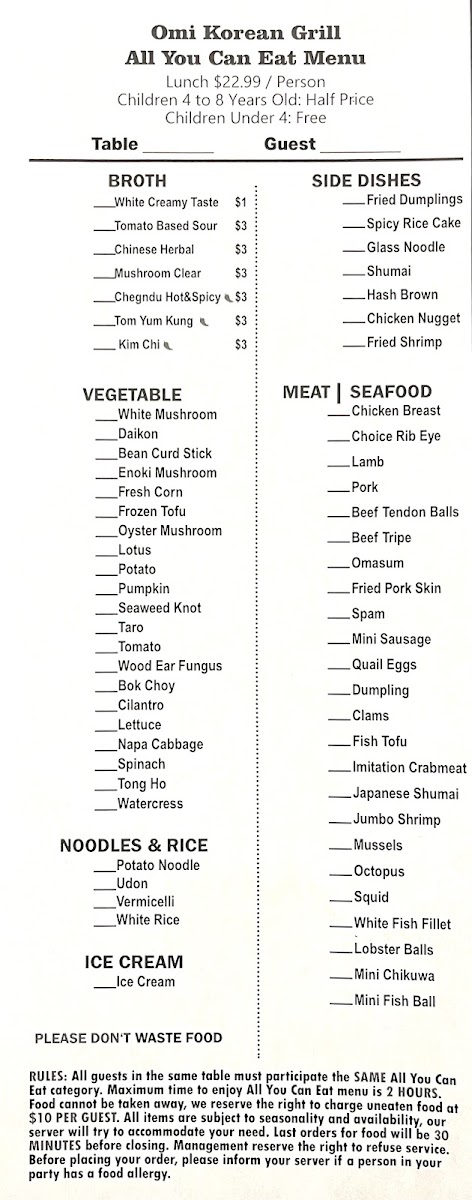 Omi Korean Grill menu board