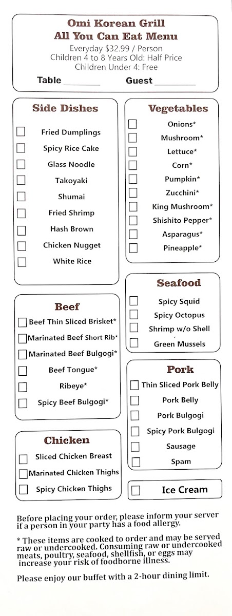 Omi Korean Grill menu board