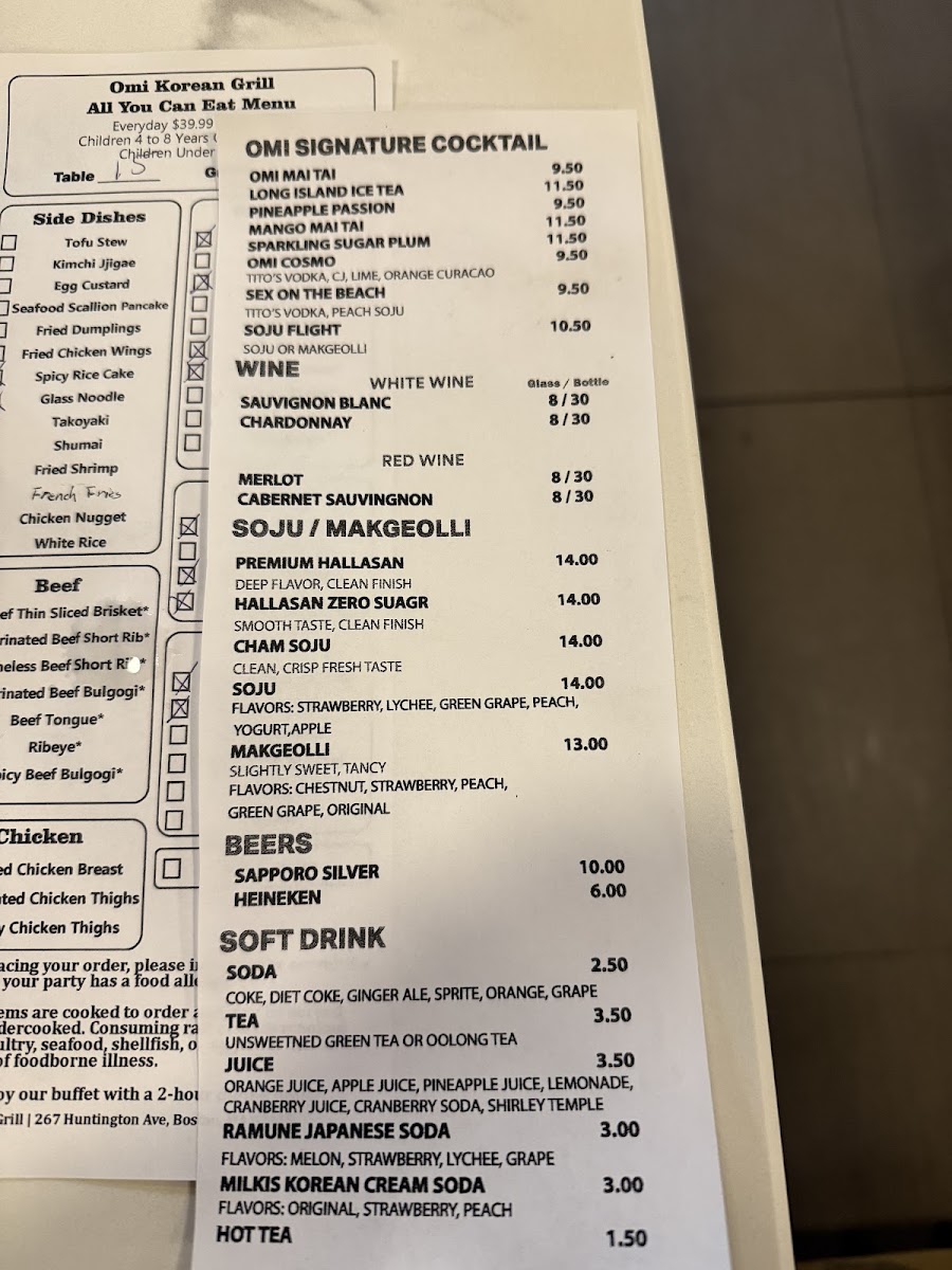 Omi Korean Grill menu board
