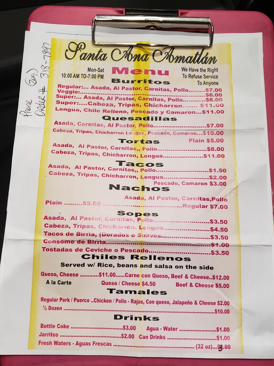 Santa Ana Amatlan Taco Truck menu board