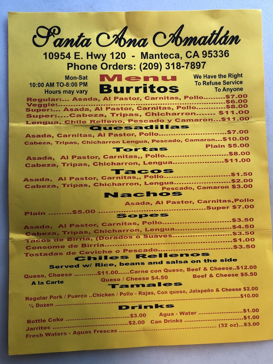 Santa Ana Amatlan Taco Truck menu board