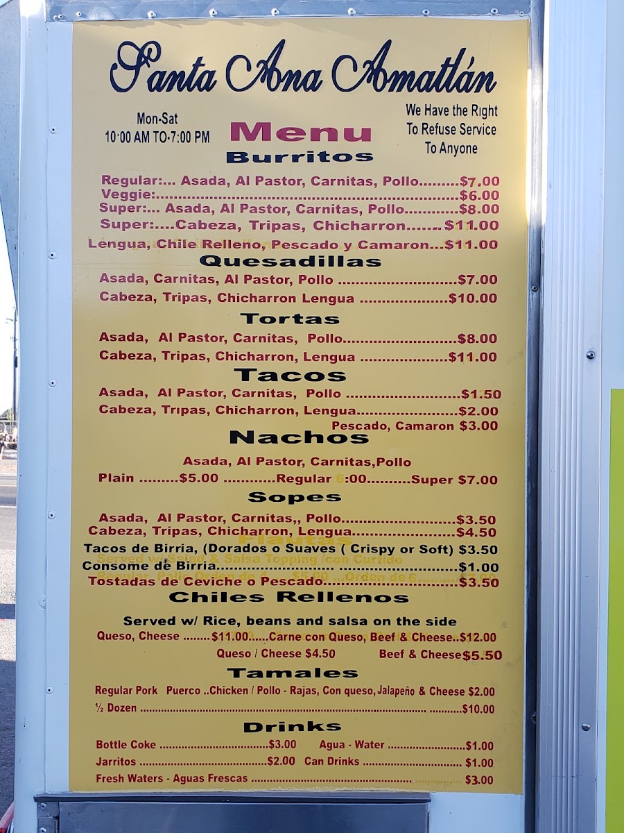Santa Ana Amatlan Taco Truck menu board
