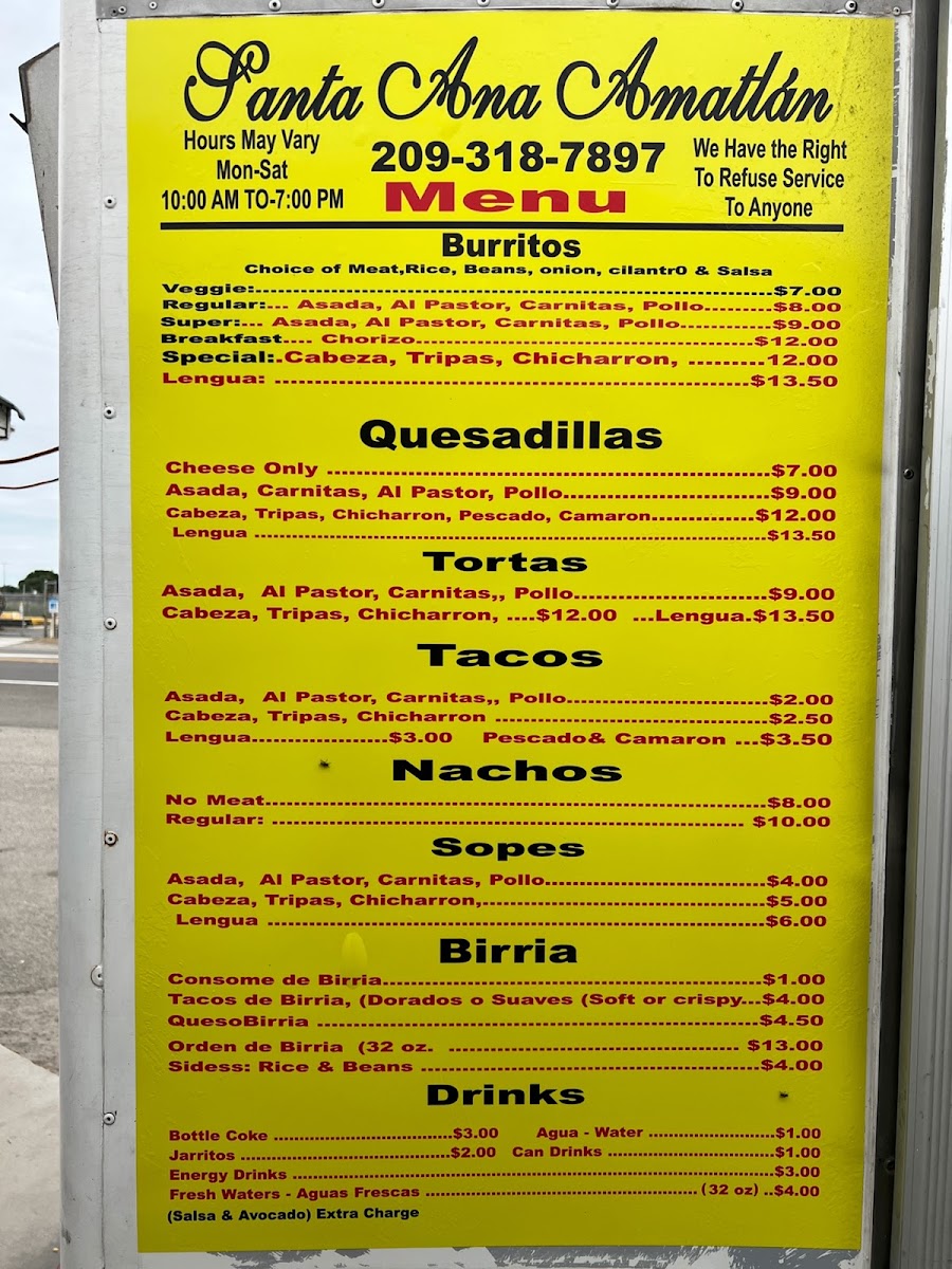 Santa Ana Amatlan Taco Truck menu board